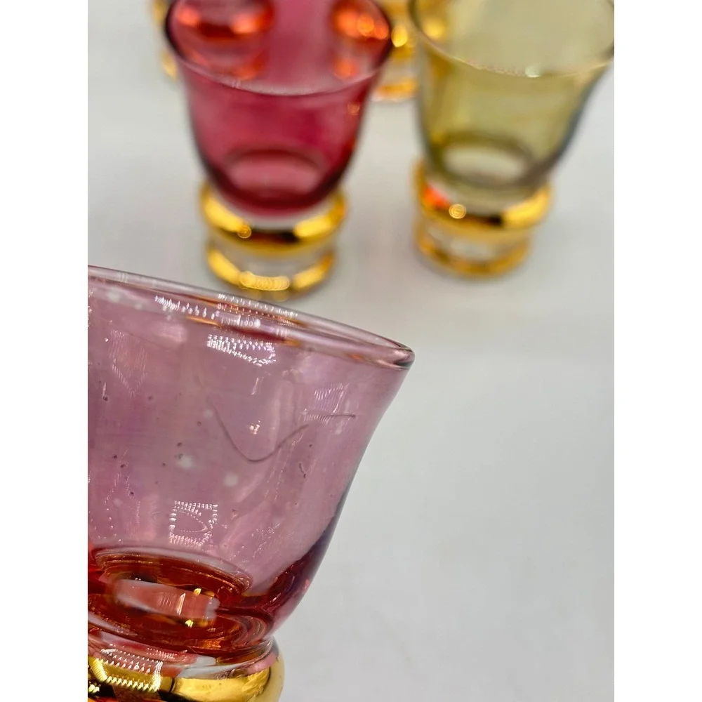 Vtg Bohemian Amethyst Glass Decanter Set Gold 5‎ Cordial Glasses Barware Boho